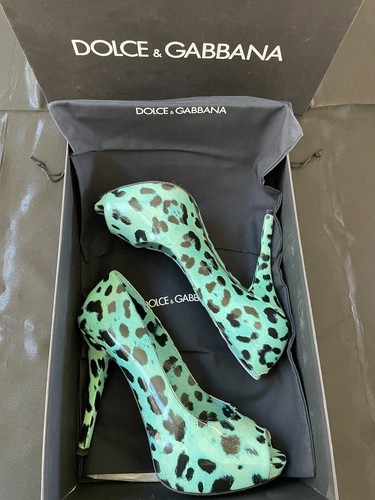 Dolce & Gabbana Greenish-Blue Leopard Print Leather Platform Peep-toe Pumps 36 - Picture 8 of 10