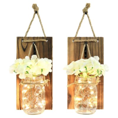 Greenco Rustic Style Wall-Mounted Mason Jar Sconce with Faux Flower & LED Strip