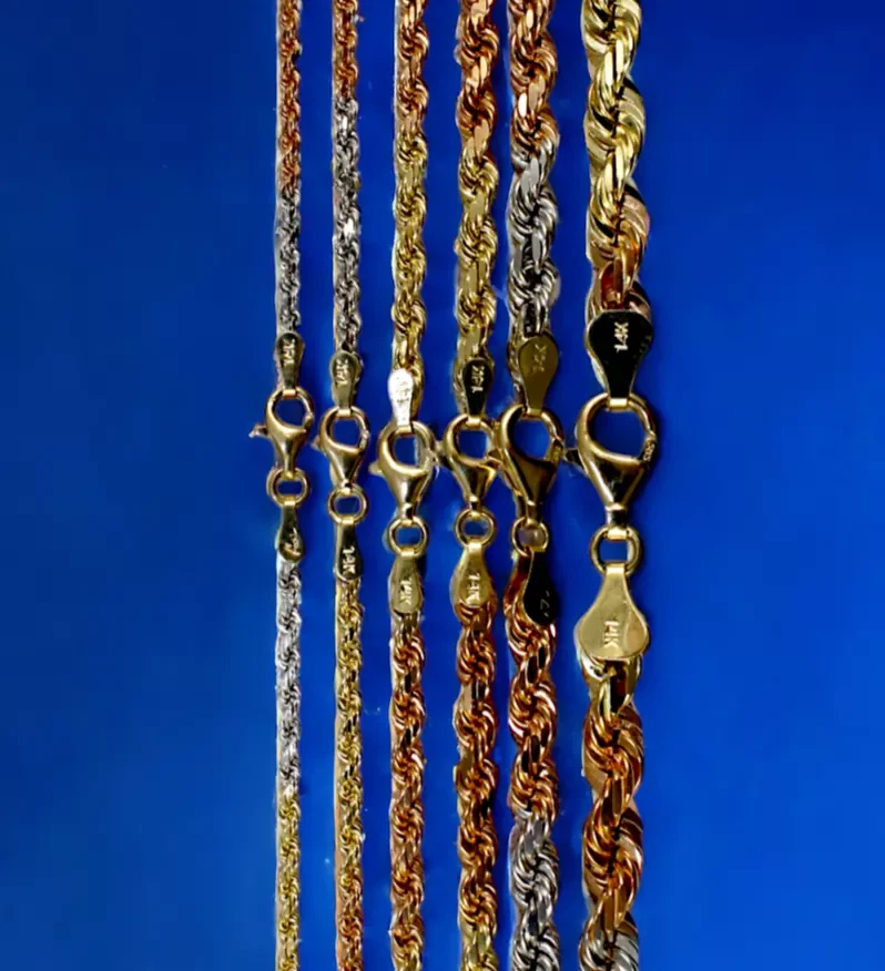 14K 三色金色实心绳链项链手链真金 2 毫米 - 6 毫米 7 英寸 - 30 — 第 3/4 张图片