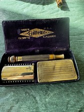 COMPLETE! 1920 Vintage Brass Gillette Razor Metal Case Travel Set Shave Box Kit