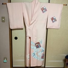 Kimono Houmonge Pink Floral Gold Leaf Visitation Style Unused Silk New Ready