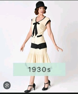 Unique Vintage 30s Style Dress Cream And Black Xl