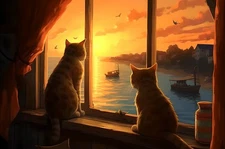 Home Decor Wall Art Cats Sunset from Window Oil Painting Printed On Canvas 29