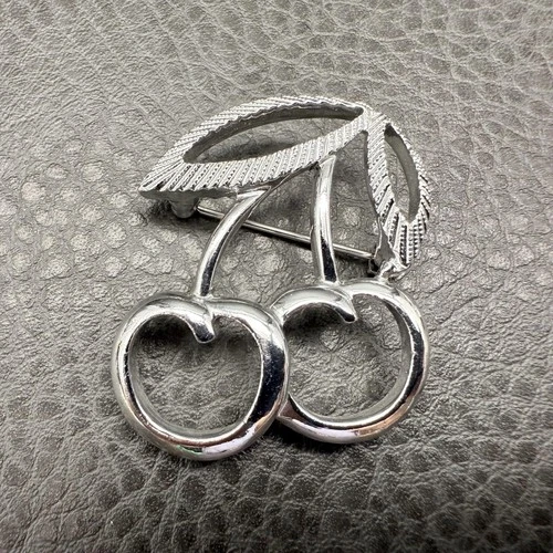 Vintage Sarah Coventry Cherry Brooch Pin Double Leaf Fruit Costume Jewelry