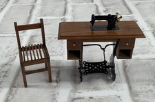 Vintage Miniature Dollhouse Treadle Sewing Machine Cabinet w/ Chair