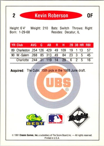 Kevin Roberson 1991 Classic Best #2 Charlotte Knights - Picture 2 of 2