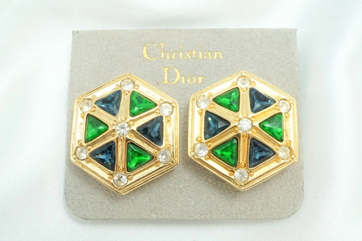 Boucles d'oreilles Christian Dior vintage couleur strass pierre octogone costume bijou 1870j