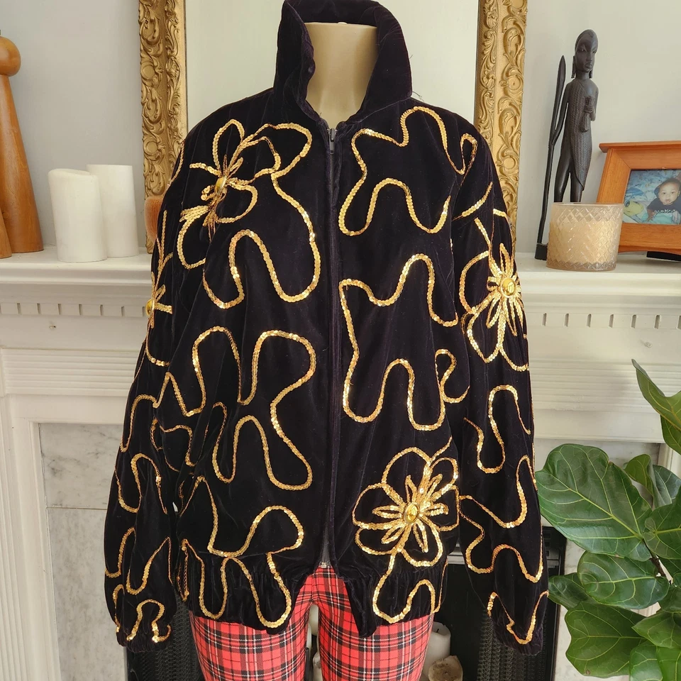 Chaqueta De Colección Años 70 Lentejuelas Negra Dorada Talla XL Floral Terciopelo Pista Dolman Mangas Foto 2 de 4