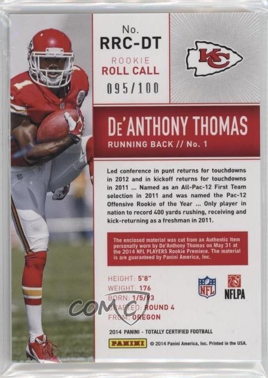 2014 Totally Certified Rookie Roll Call Jersey Red /100 De'Anthony Thomas RC - Image 2 of 2