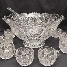 Imperial Glass Footed Punch Bowl Set 12pc Scalloped Whirling Star Clear Vintage