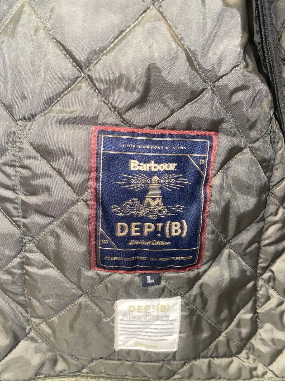 Barbour Dept B Lock Quilt Quilted Jacket Green with Corduroy Collar Men’s Large image 10