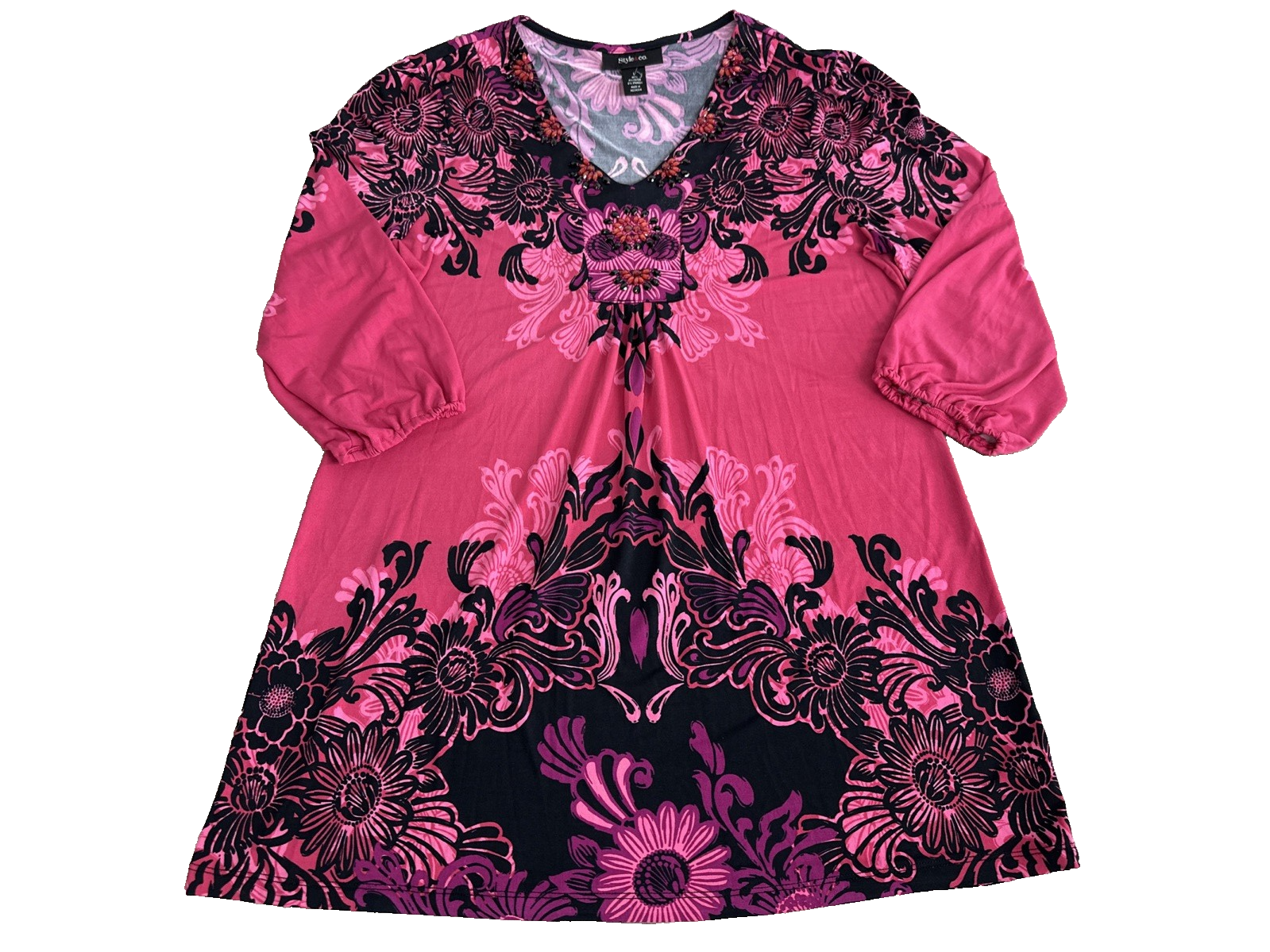 Boho Chic Style & Co Women's Beaded Floral Damask Tunic Top L Hippie Peasant
