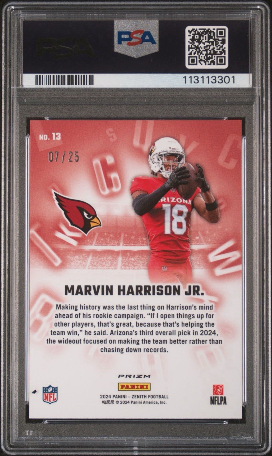 2024 Zenith Football - Marvin Harrison Jr. #13 A to Z Blue /25 (RC) PSA 10 POP 4 view 2