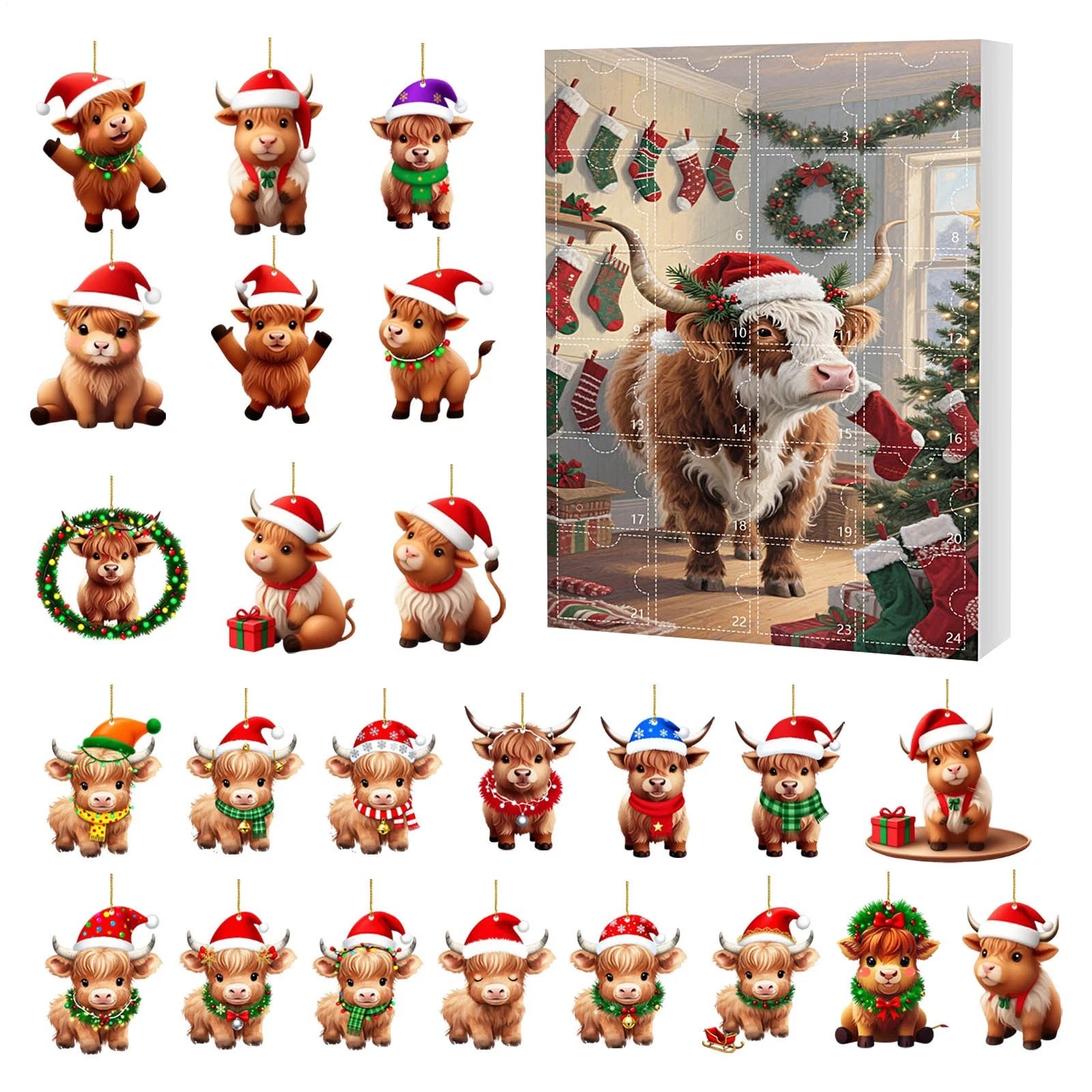 Highland Cow Advent Calendars 2D Flat Acrylic Highland Cow 24 Days Pendant