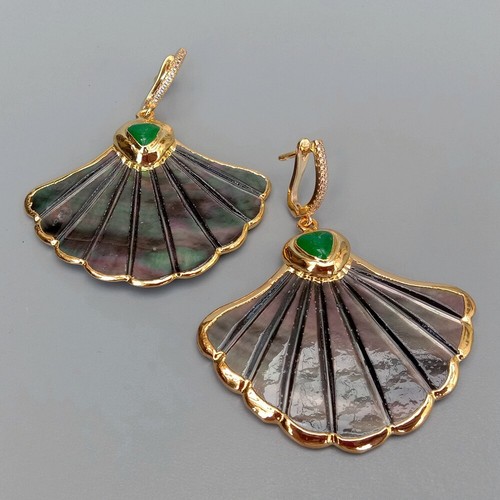 Natural Black Shell Carved Mother Of Pearl Agate Ginkgo Leaves Charm Earrings - Picture 4 of 8