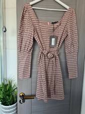 Prettylittlething Puff Sleeve Belted Check Dress size 12