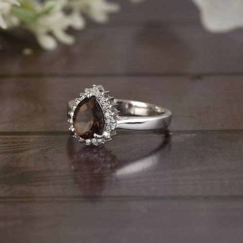 Natural Smoky Quartz Diamond Halo Ring Sterling Silver Ring Gift for Her - Picture 2 of 4