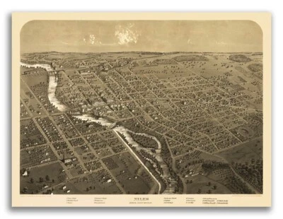 Niles Michigan 1868 Historic Panoramic Town Map - 18x24