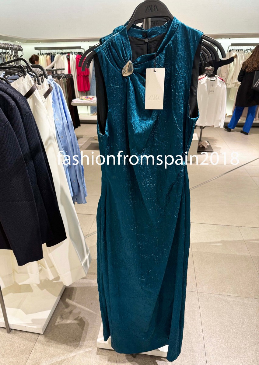 ZARA NEW WOMAN GOLD APPLIQUÉ SATIN MIDI DRESS DUCK GREEN XS