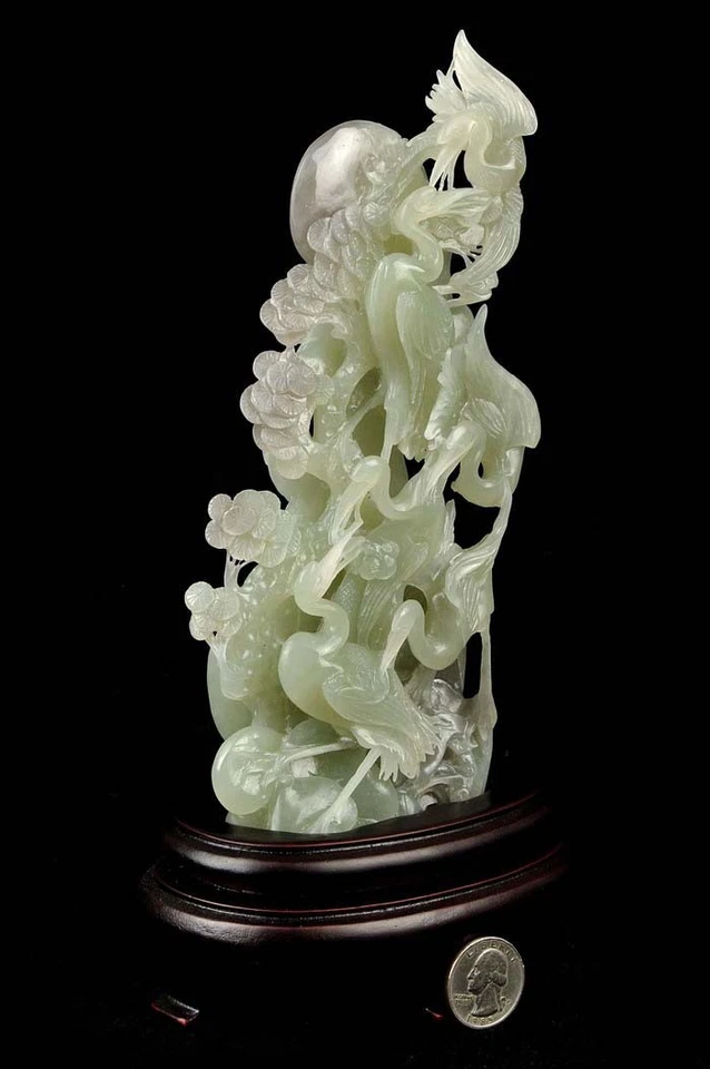 Estatua talla/escultura natural de jade de ocho grullas de nefrita hetiana con certificado Foto 3 de 4