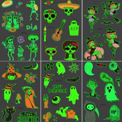 Halloween Tattoos Glow in the Dark Day of the Dead Temporary Sticker Kids Adults