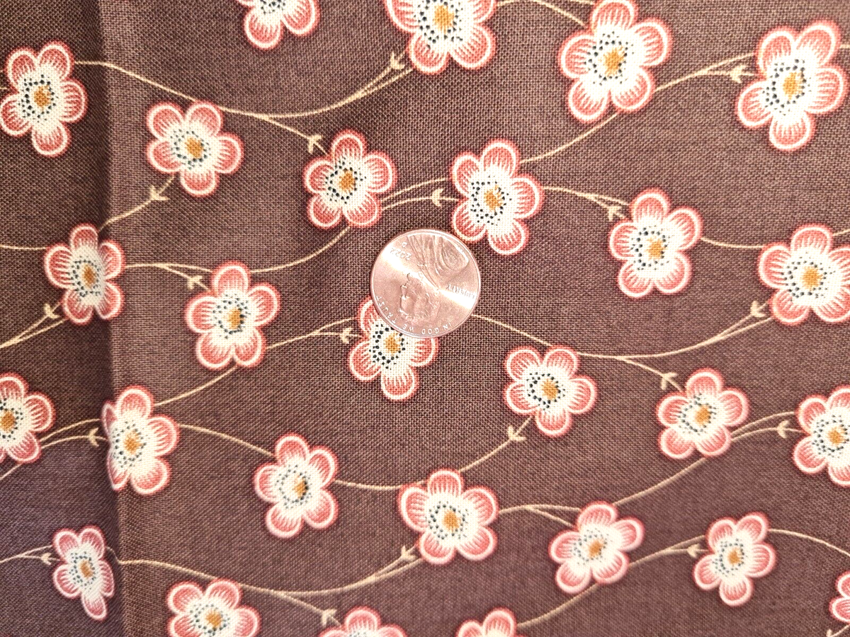 Vintage Cotton Quilting Fabric Brown Pink Flowers JO Morton 
