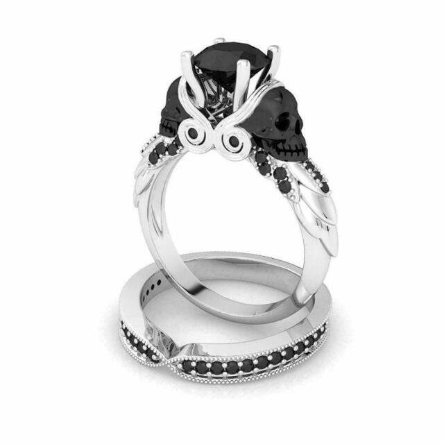 2.65Ct Black Round Simulated Diamond Two Skull Wedding Ring Set 14k White Gold