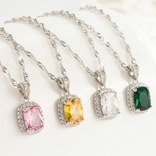 Crystal Square Pendant Chain Necklace 925 Sterling Silver Jewellery Gift UK