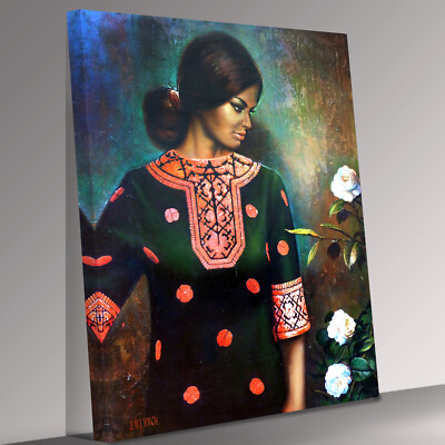 J H LYNCH Frau mit Blumen Leinwand Wandbild fertig zum Aufhängen