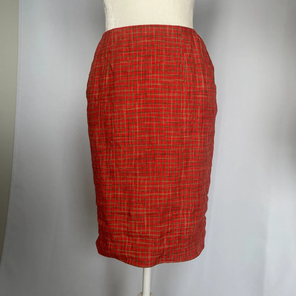 Falda lápiz vintage talla 4 naranja cuadros guinga 100 % lino verano preppy años 90 Foto 2 de 4