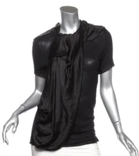 LANVIN Womens Black Short Sleeve Layered Ruffle Pleated Raw-Hem Top Blouse M NEW