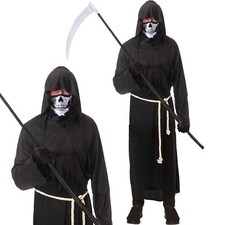 Halloween Grim Reaper Costume Skull Fancy Dress Ghost devil Outfit & Scythe