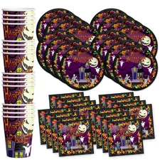 Happy Halloween Party Celebration Supplies Set Paper Plates Napkins Purple 