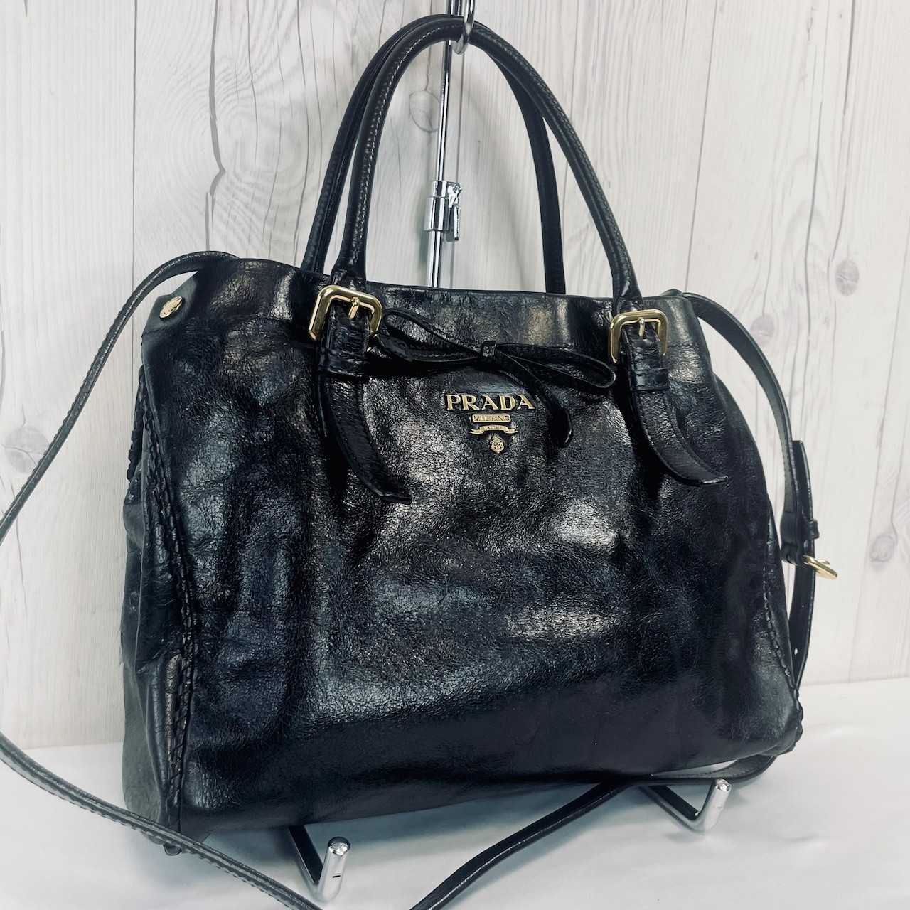 PRADA Black Leather Handbag Ribbon Shoulder Bag Authentic thumbnail 2