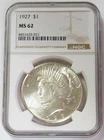 1927 PEACE SILVER DOLLAR $1 COIN NGC MINT STATE 62