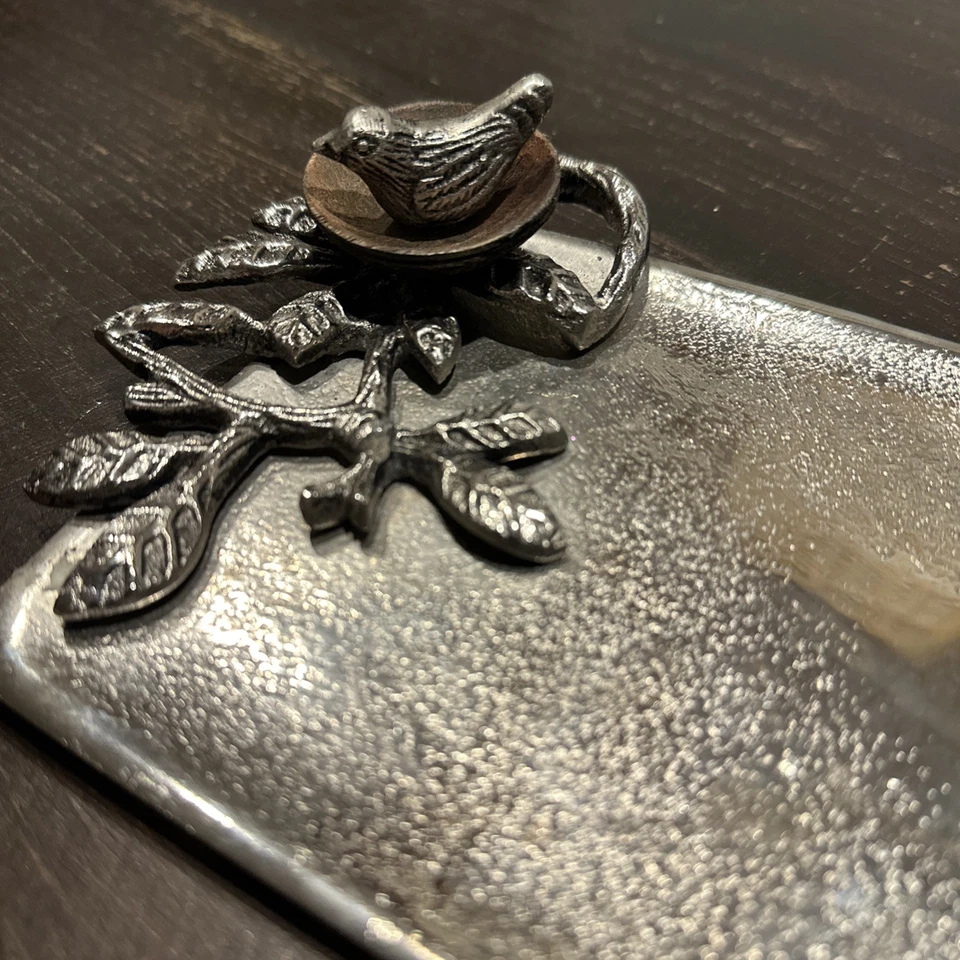Mud Pie Silver Tone Metal Serving Tray w/Branch, Bird On Nest~11x4.75” - Image 3 of 4