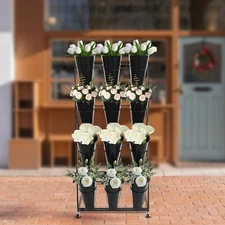 4-Tier Flower Rack Plant Stand Rolling Iron Bonsai Display Shelf w/ 12* Buckets