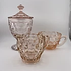Jeannette Pink Depression Glass Windsor Diamond Creamer Sugar & Covered Jar Set