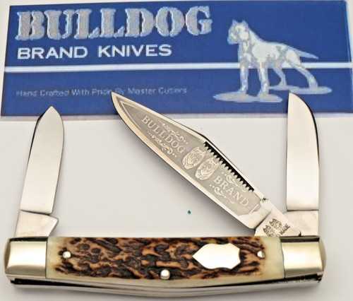 Vintage BULLDOG BRAND Solingen 2Two-Dog Medium Stock Knife Amazing Stag MINT