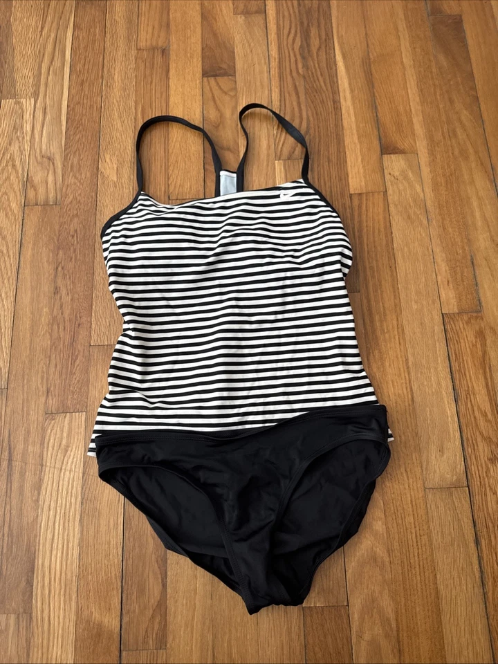 Nike Traje de Baño Para Mujer 2 Piezas Tankini Negro/Blanco Rayas Corredor Espalda Tanque Bikini L Foto 2 de 4