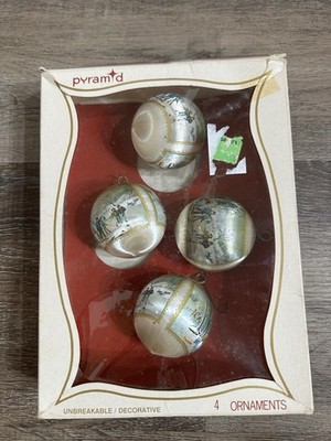 Vintage Satin Sheen Spun Ball Ornaments Pyramid White Winter Wonderland Graphic