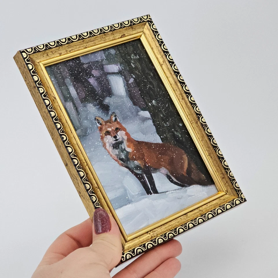 Pintura a óleo original raposa vermelha paisagem de inverno 4x6 arte emoldurada vida selvagem - Imagem 3 de 4