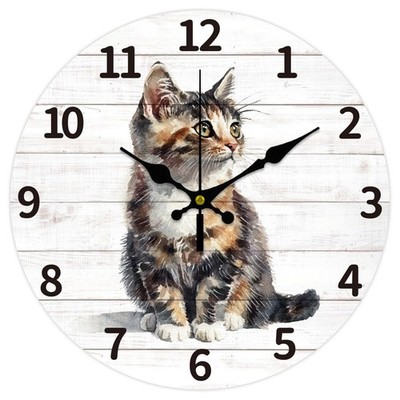 Realistic Cat Wall Clock 12 Inch Battery Operated Spliced Boards Non Ticking