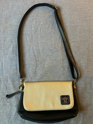 Authentic Versace Parfums Black Gold Logo Shoulder Bag Zip Adjustable Strap Gold