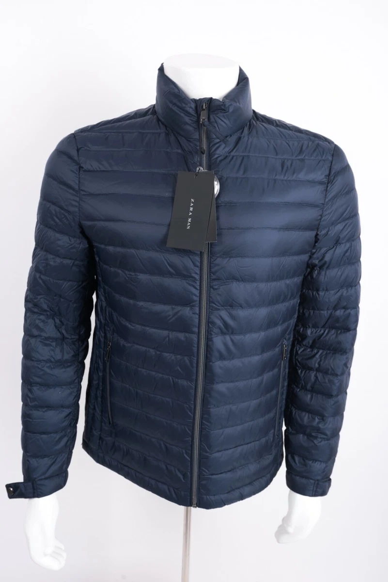 Zara Man Mens Down Puffer Jacket Coat Navy Blue Lightweight Small 6518 458 NWT