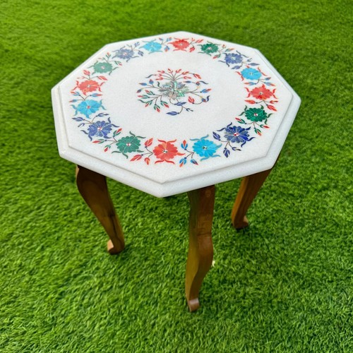 Marble Table Top with Semi-Precious Stones | Handmade Carnelian & Lapis Inlay - Picture 7 of 17