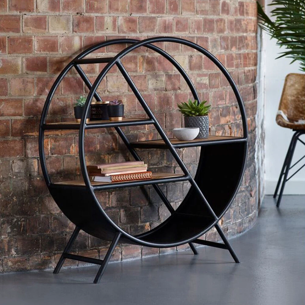 Upcycled Industrial Iron Wooden Round Bookcase Shelving Display