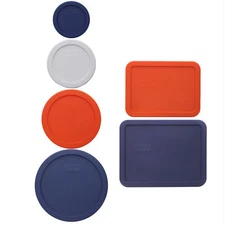 Pyrex 6 Lid Bundle of (1) Dark Blue, (1) White, (2) Pumpkin Orange, and (2) Blue