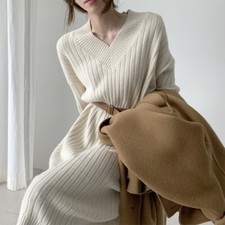Womens Elegant V Neck Loose Long Sleeve Pullover Knitted Sweater Dress Warm Gown