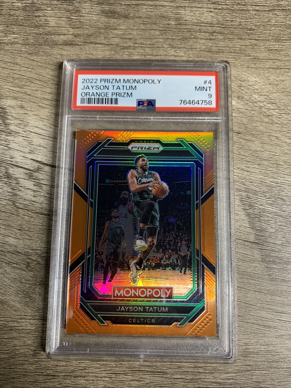 2022-23 Panini Prizm Monopoly # 4 Jayson Tatum Orange Prizm 36/124 Celtics PSA 9